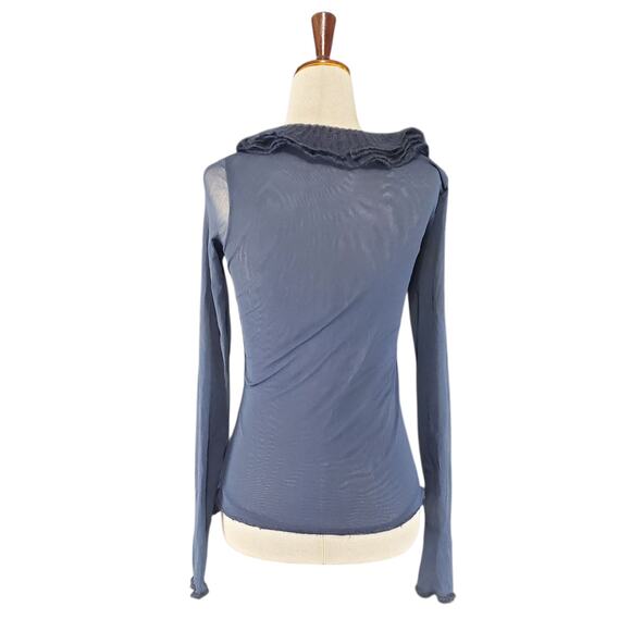 Y2k Euro Cardigan Mesh Navy Blue w/ Ruffle Front & Satin Bow - Small - Picture 5 of 8